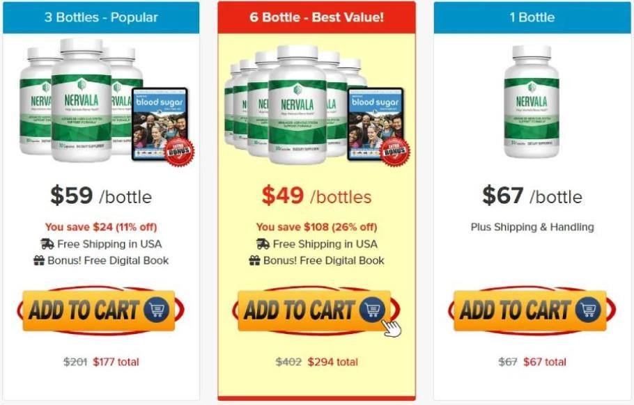 Nervala promotional pricing table with free shipping and bonus book offer
